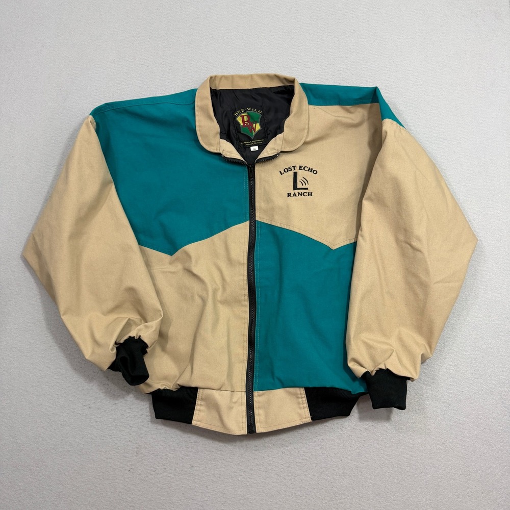Vintage Bee-Wild Jacket XL Tan Teal Lost Echo Ranch Bomber Western Colorblock